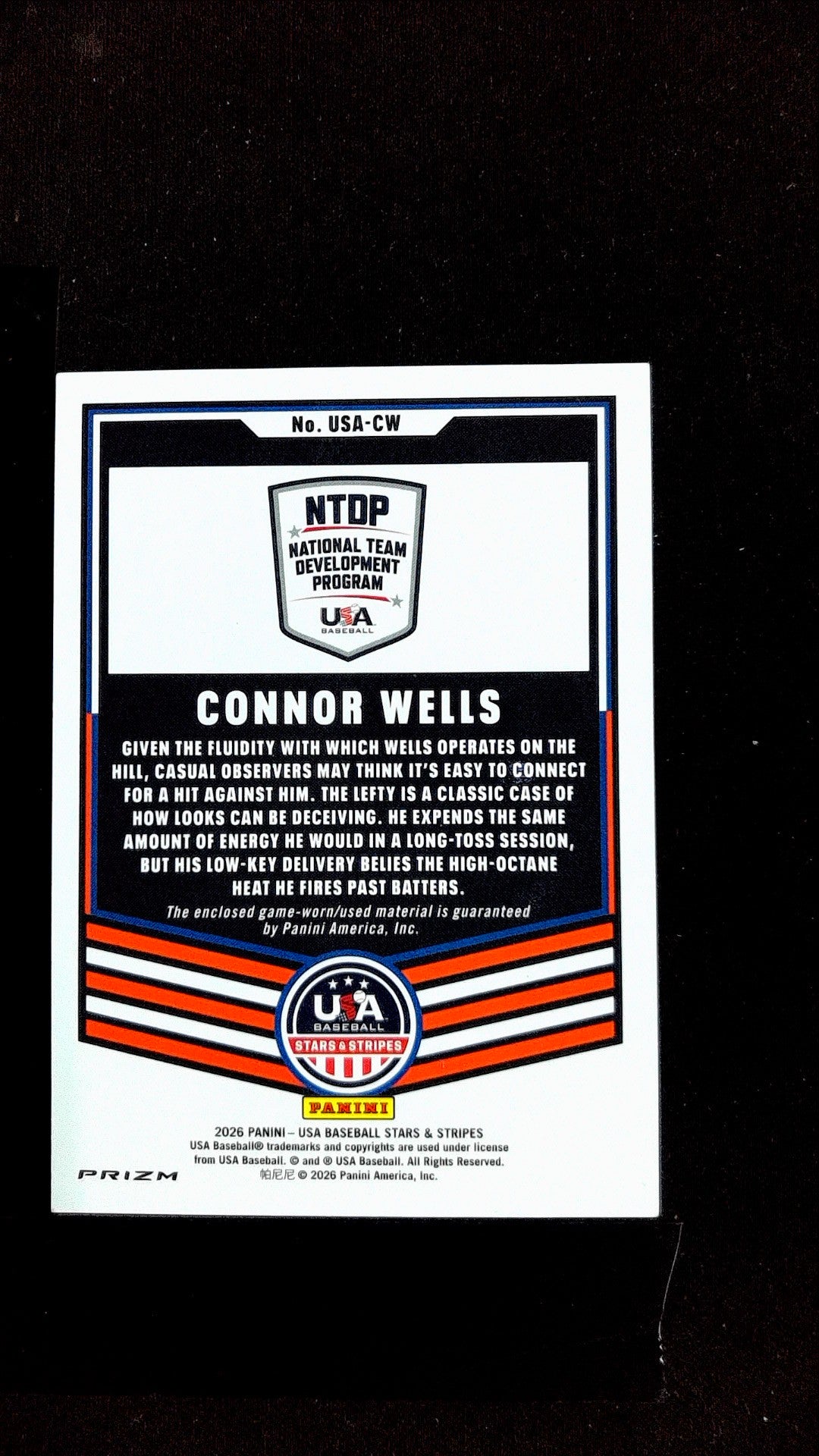 Connor Wells #USA-CW 2024 Panini Stars & Stripes USA Baseball Memorabilia