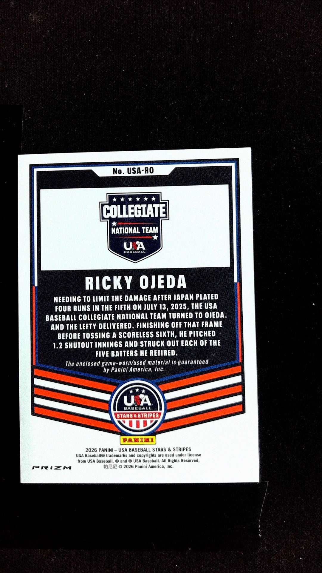 Ricky Ojeda #USA-RO 2026 Panini Stars & Stripes Prizm USA Baseball Memorabilia