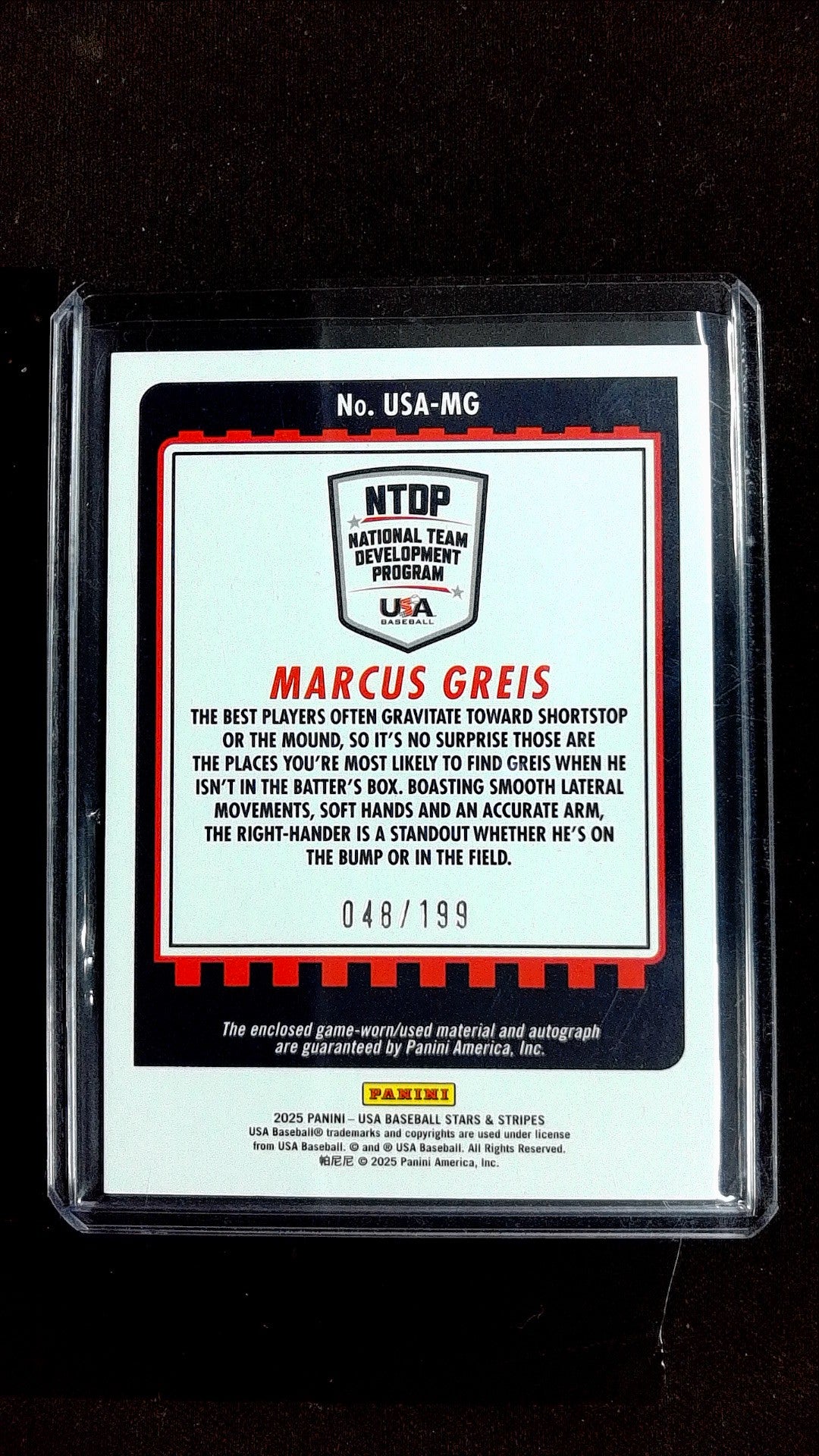 Marcus Greis #USA-MG 2025 Panini Stars & Stripes USA Baseball SN, Mem, Auto