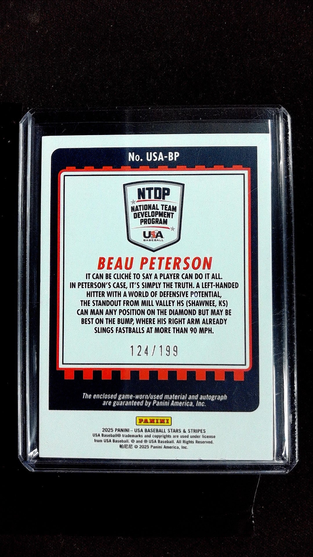 Beau Peterson #USA-BP 2025 Panini Stars & Stripes USA Baseball SN, Mem, Auto