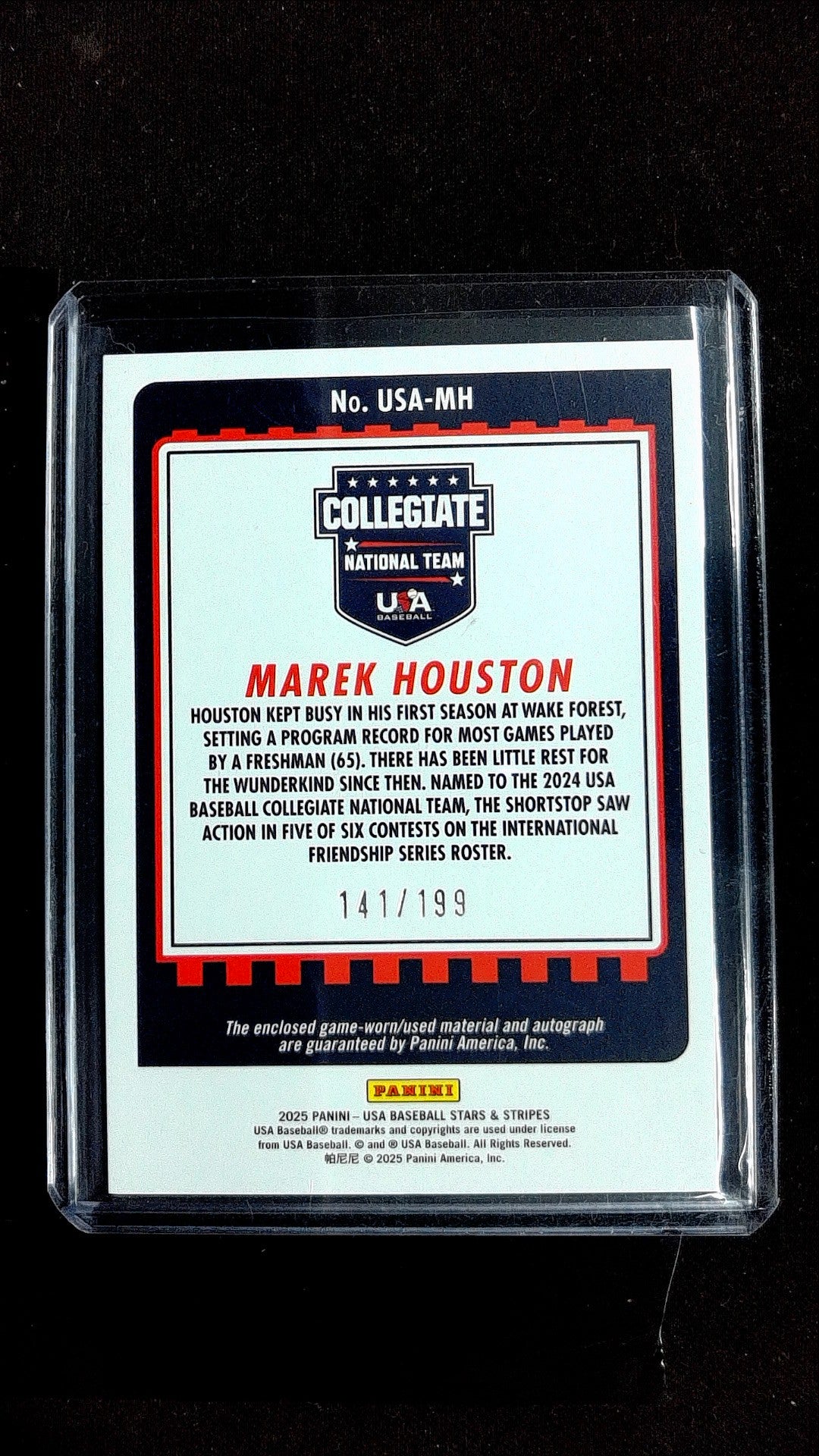 Marek Houston #USA-MH 2025 Panini Stars & Stripes USA Baseball SN, Mem, Auto