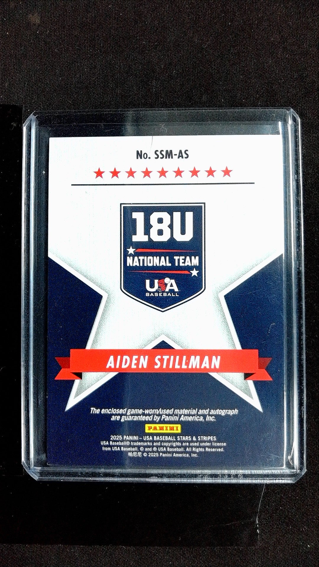 Aiden Stillman #SSM-AS 2025 Panini Stars & Stripes USA Baseball Memo, Auto
