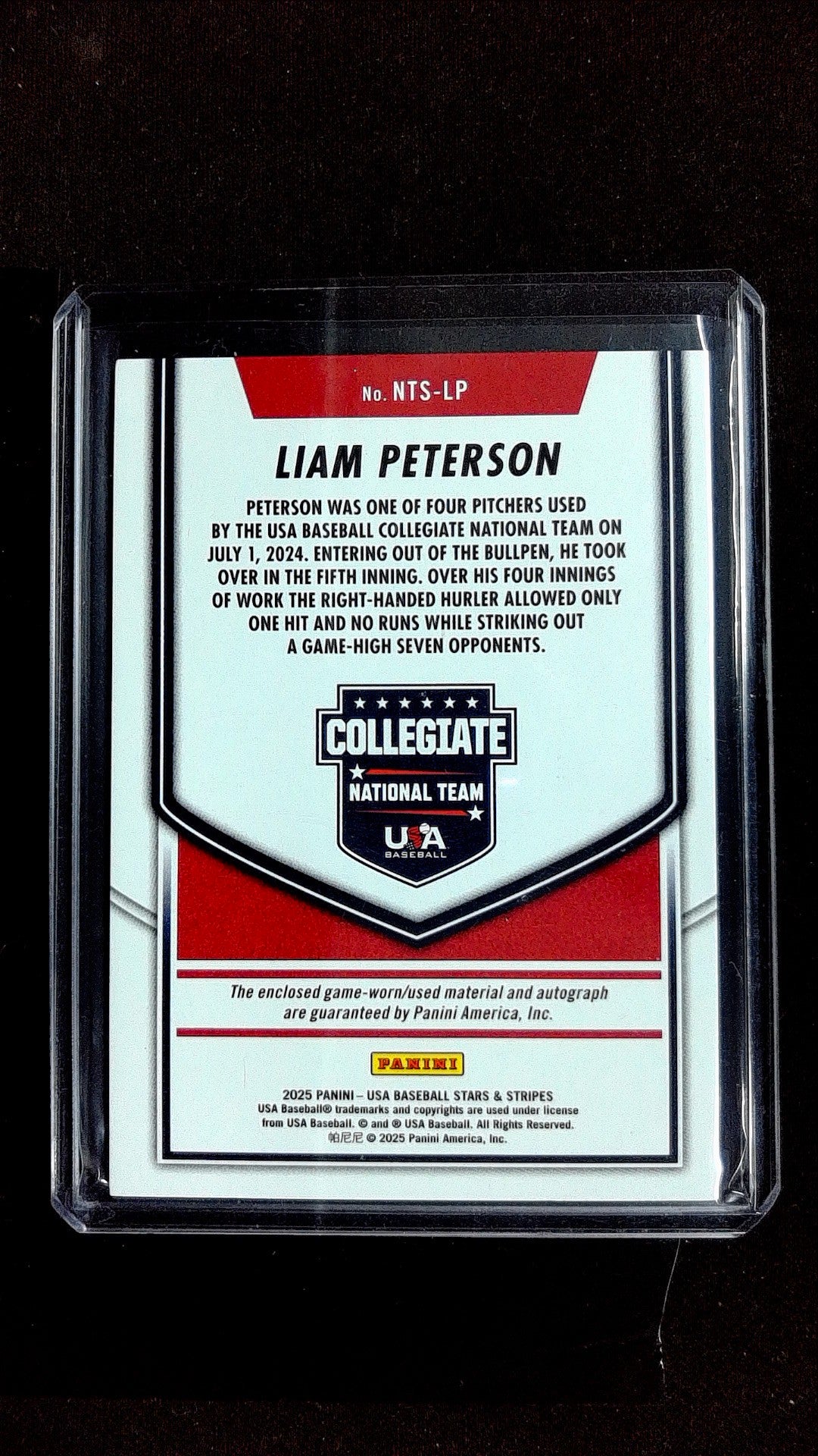 Liam Peterson #NTS-LP 2025 Panini Stars & Stripes USA Baseball SN, Mem, Auto