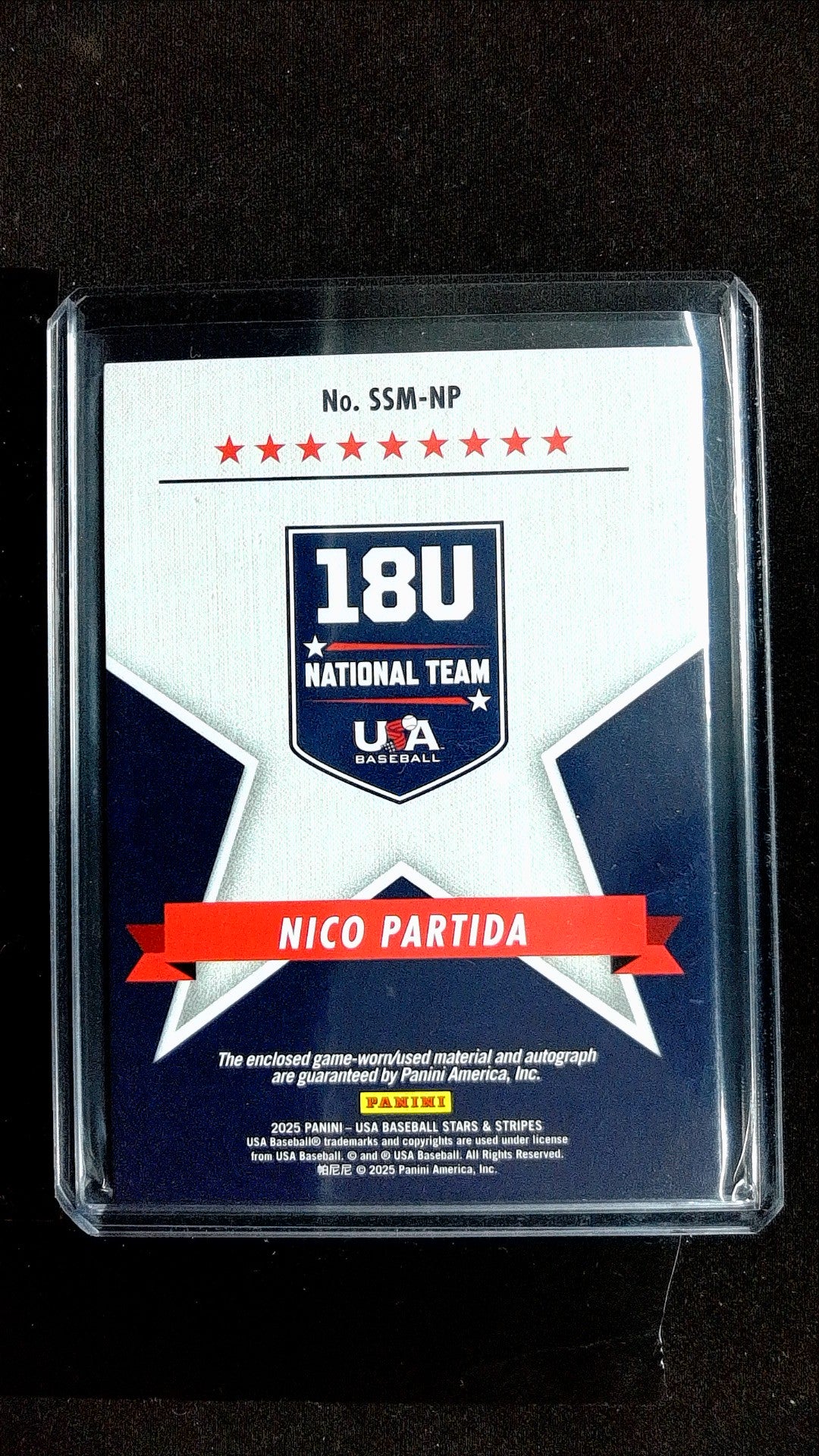 Nico Partida #SSM-NP 2025 Panini Stars & Stripes USA Baseball Mem, Auto