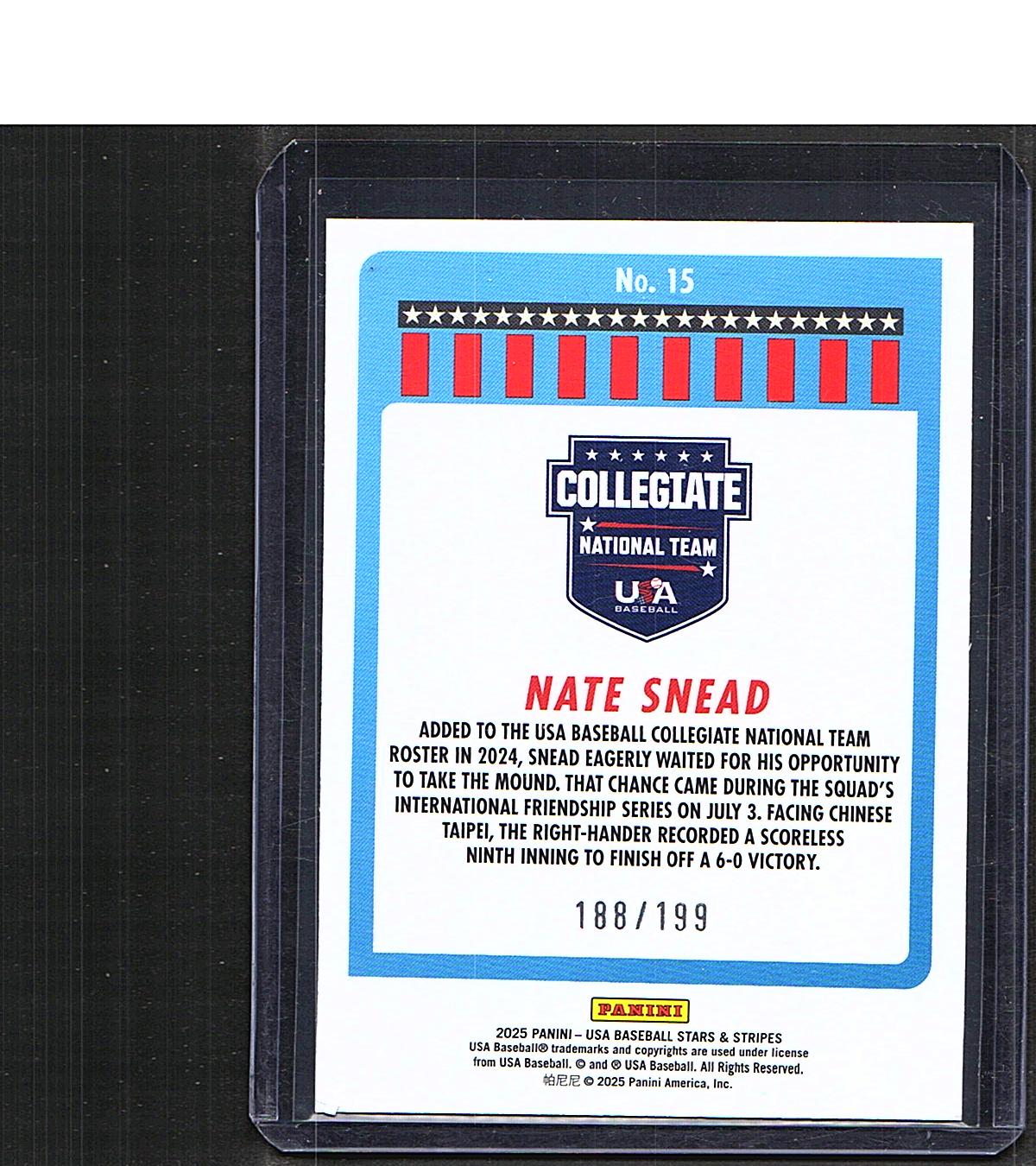 Nate Snead #15 2025 Panini Stars & Stripes USA Baseball SN