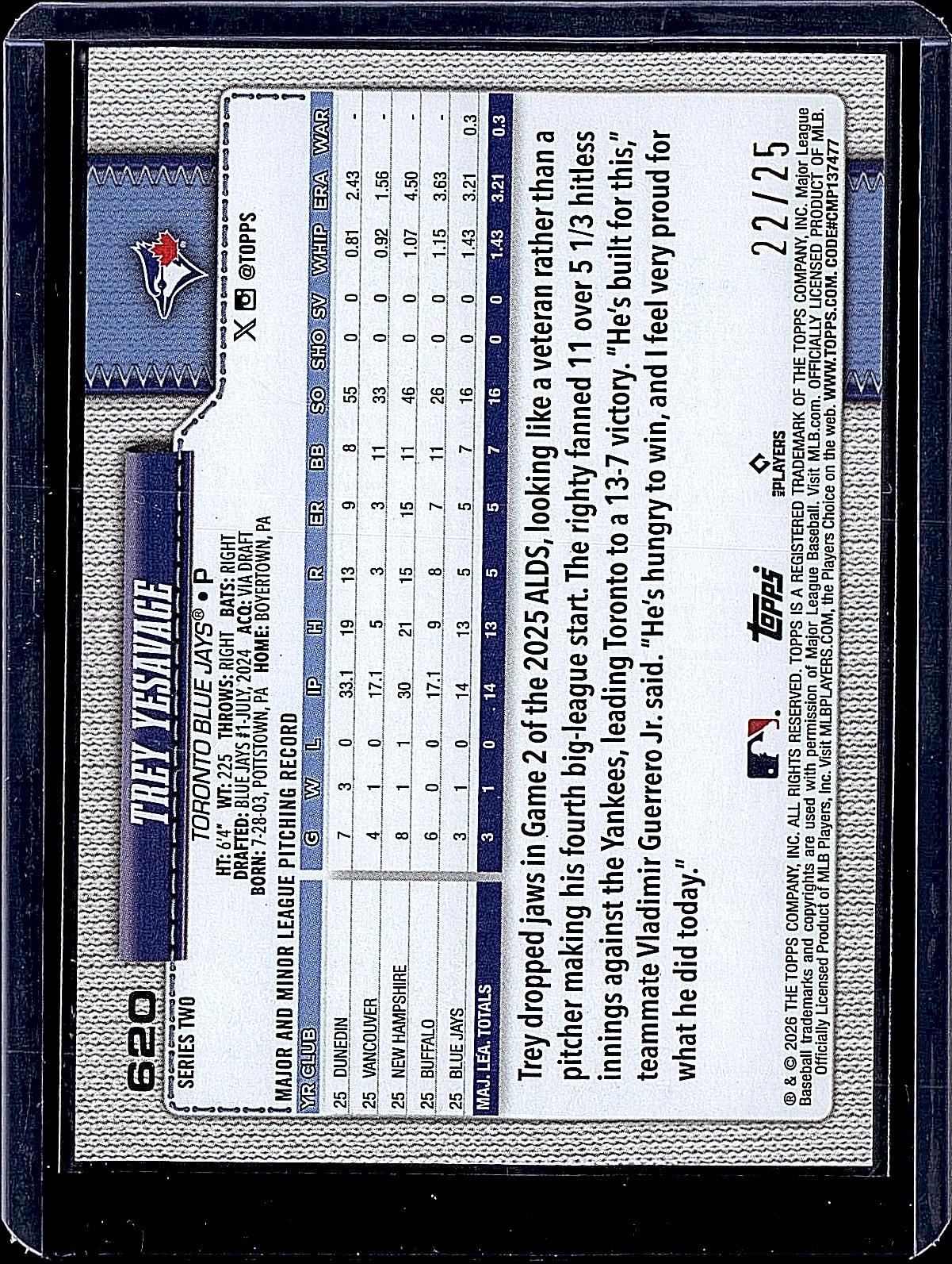 2026 Topps #620 Trey Yesavage Orange Diamante Foil #/25