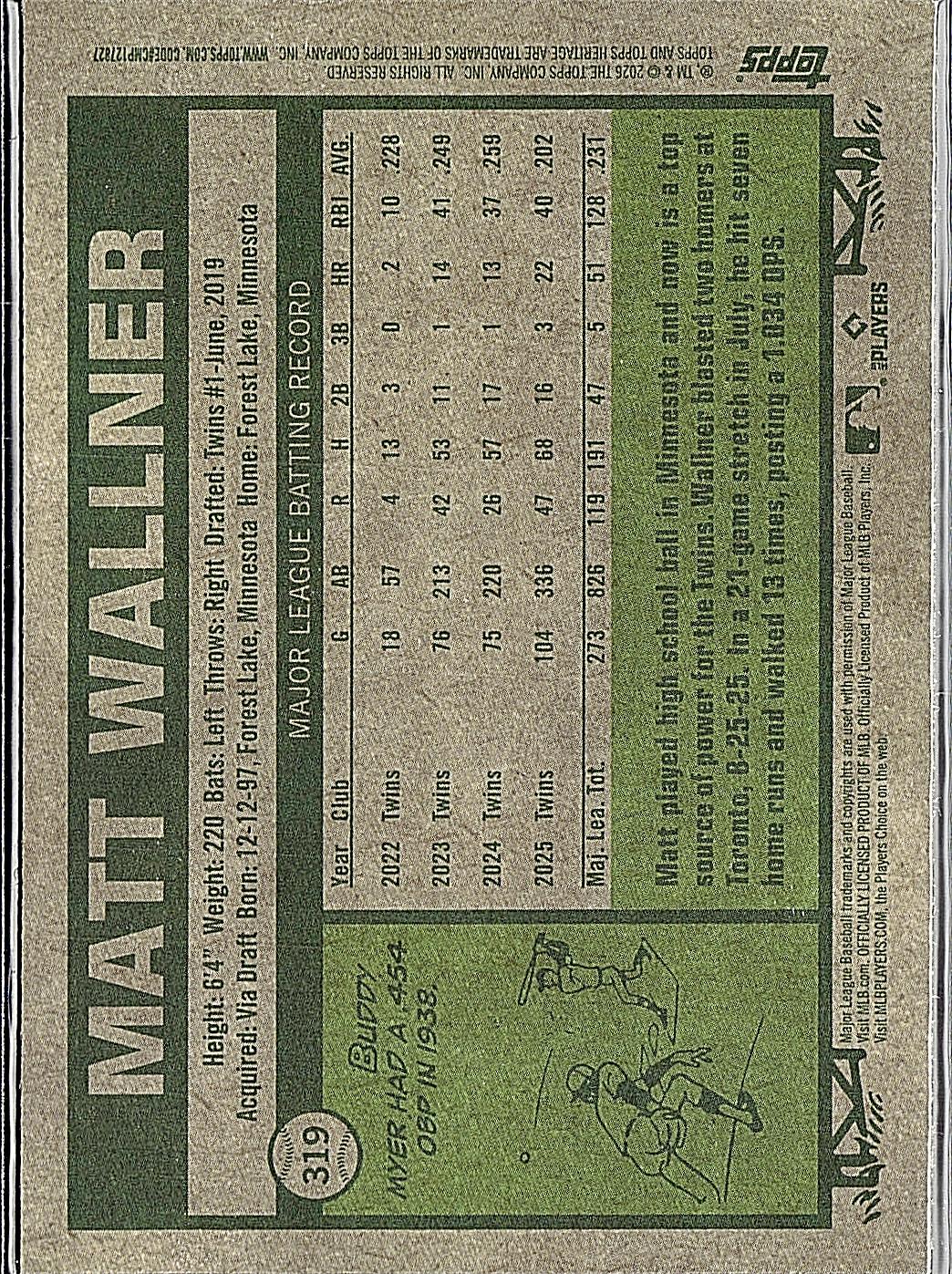 2026 Topps Heritage #319 Matt Wallner Chrome Silver Sparkle Refractors