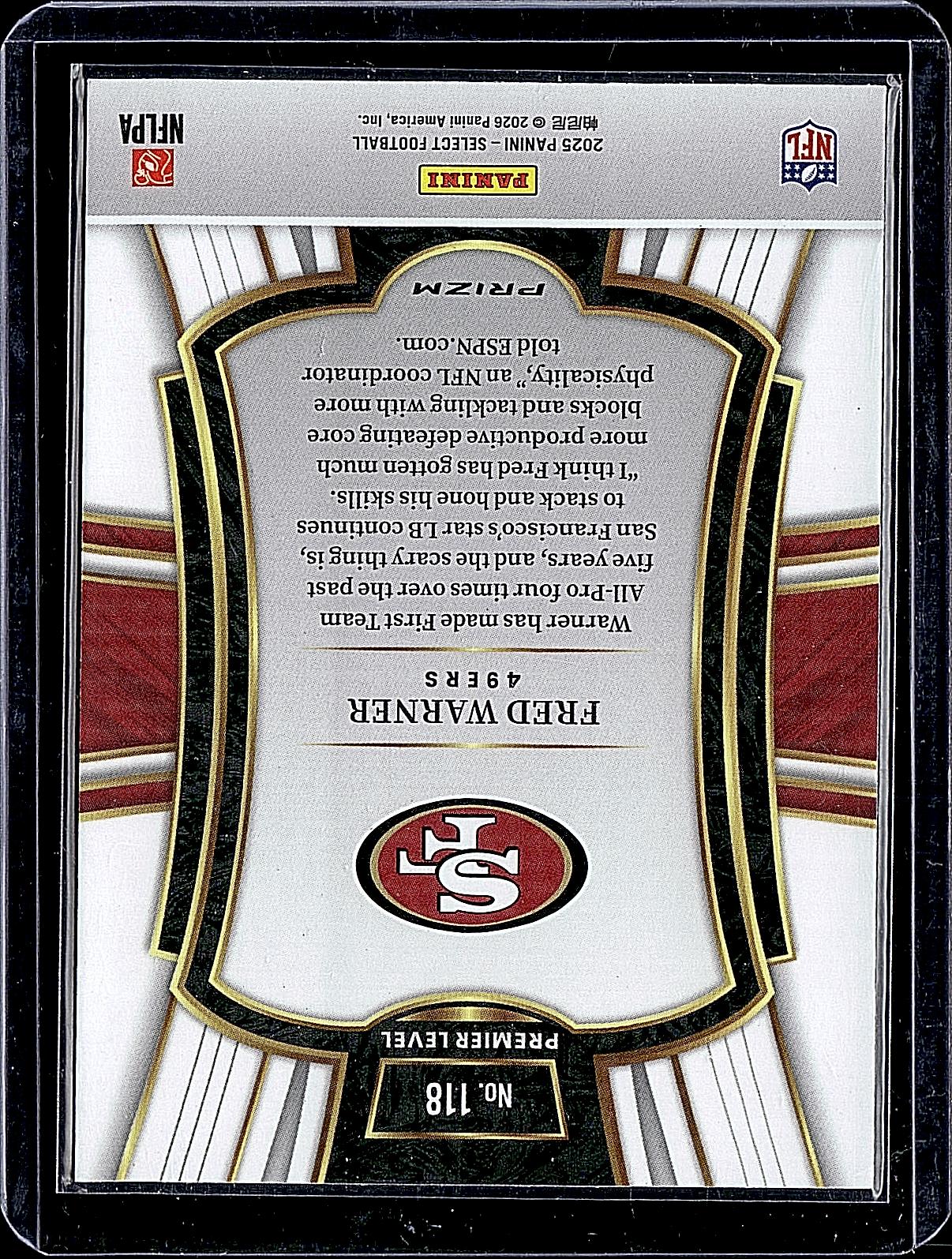 2025 Panini Select #118 Fred Warner Black and Red Prizm Shock