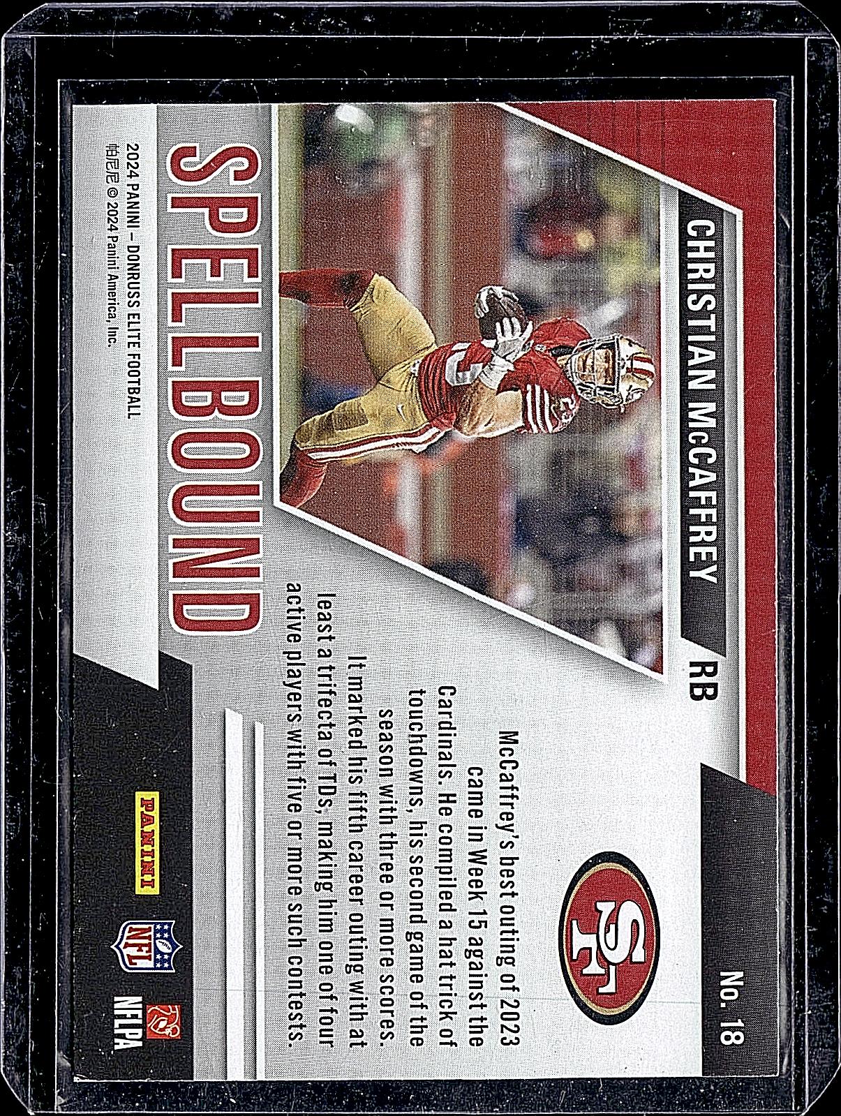 2024 Donruss Elite #18 Christian McCaffrey Spellbound Purple #/10