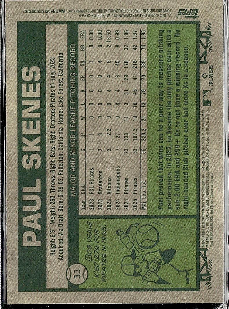 2026 Topps Heritage #33 Paul Skenes Chrome Burgundy Sparkle Refractors