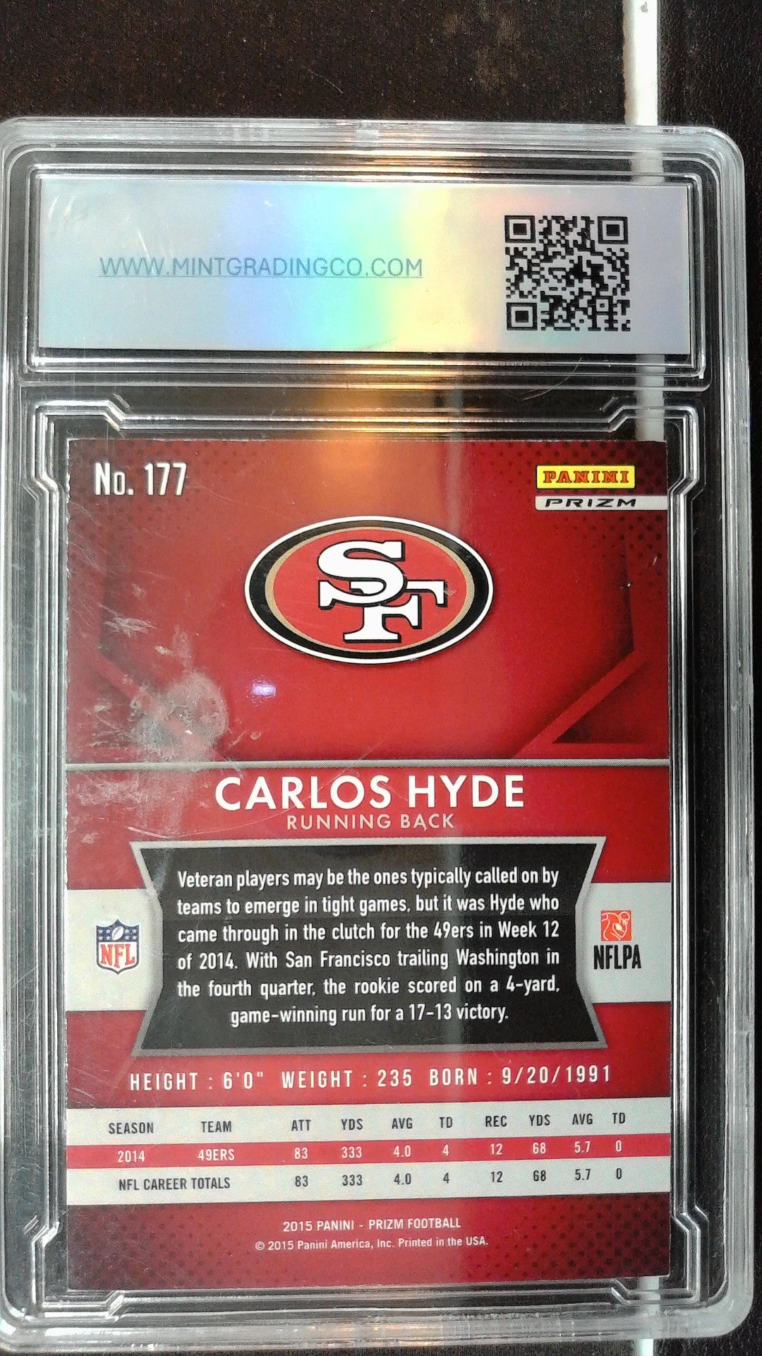 2015 Panini Prizm #177 Carlos Hyde Red Prizm MNT 10