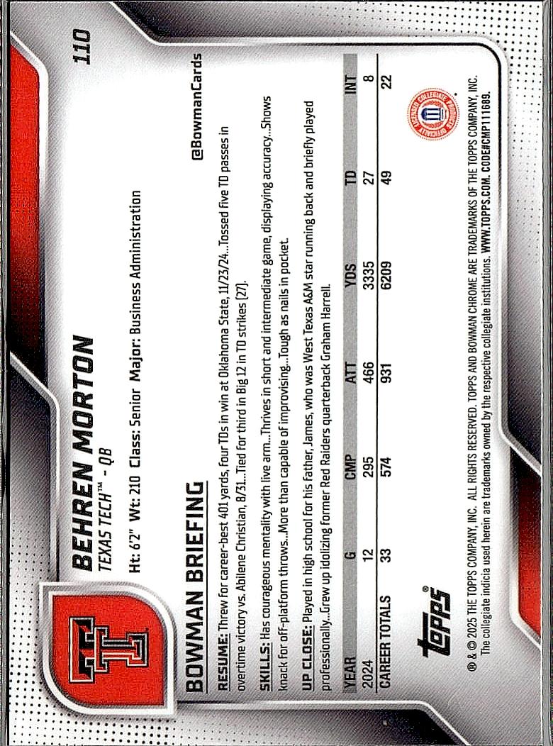 2025 Bowman University Chrome #110 Behren Morton Green /99