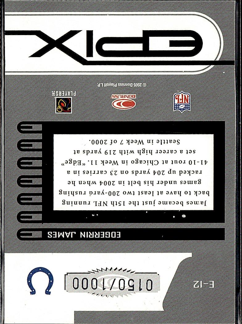 2005 Donruss Zenith #E-12 Edgerrin James Epix Orange 1st Down #/1000