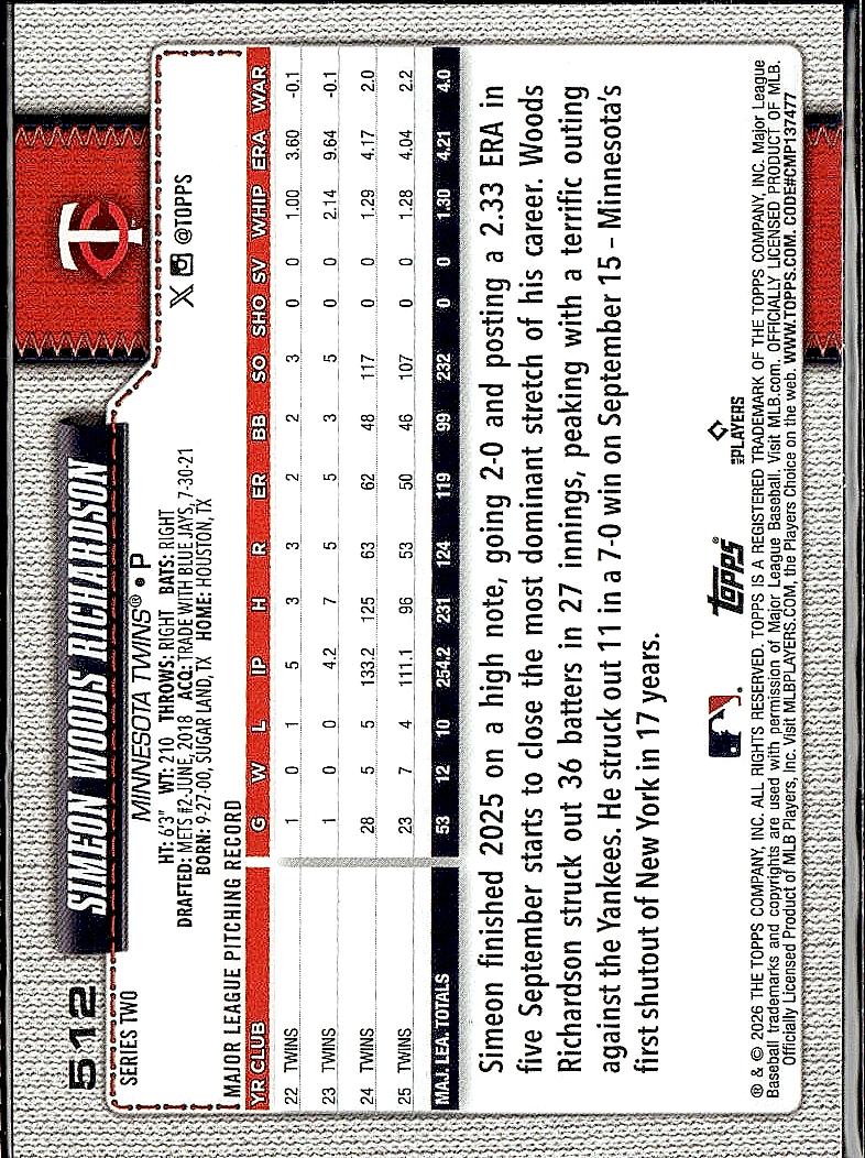 2026 Topps #512 Simeon Woods Richardson