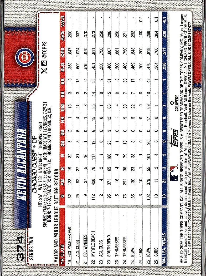 2026 Topps #374 Kevin Alcántara