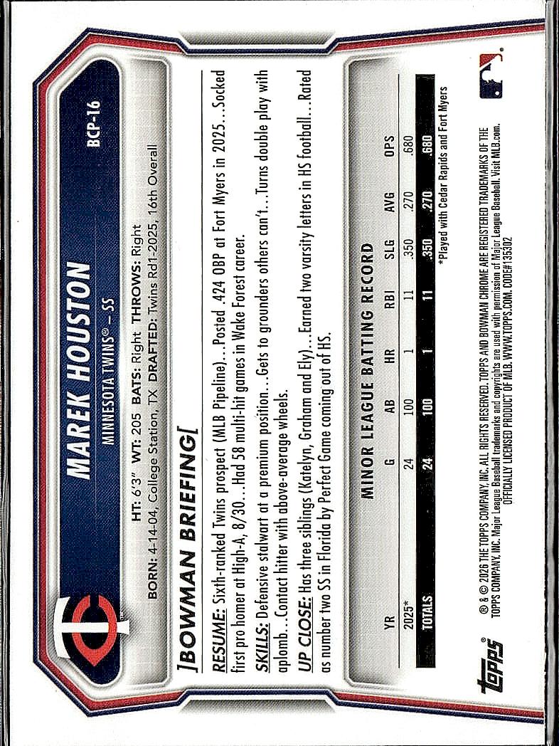 2026 Bowman #BCP-16 Marek Houston Chrome Prospects