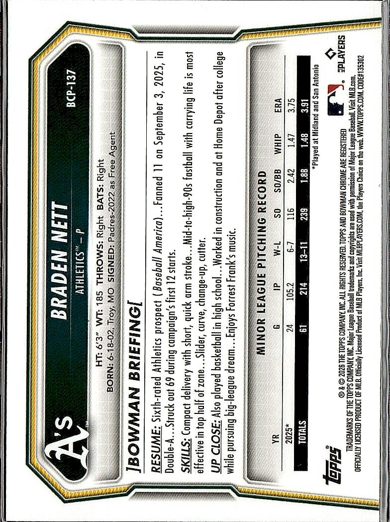2026 Bowman #BCP-137 Braden Nett Chrome Prospects Lazer Refractor