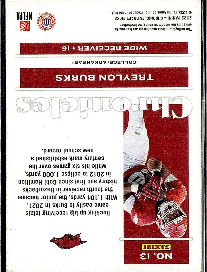 2022 Panini Chronicles Draft Picks #13 Treylon Burks