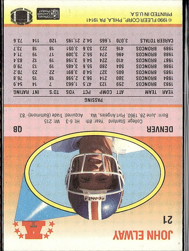 1990 Fleer #21a John Elway Lower right star of AFC logo aligned with blue