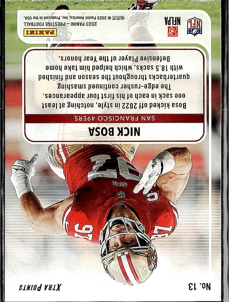 2023 Panini Prestige #13 Nick Bosa For the Record Xtra Points Blue #/249