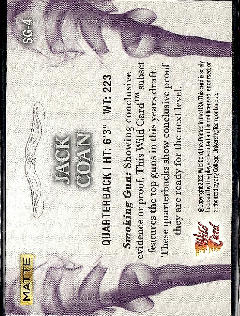 2022 Wild Card Matte #SG-4 Jack Coan Smoking Guns White/Purple