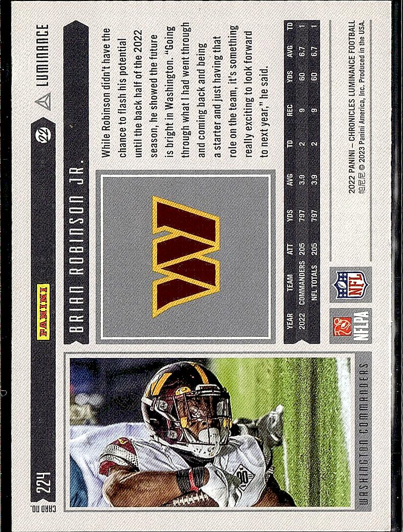 2022 Panini Chronicles #224 Brian Robinson Jr. Luminance Update Rookies