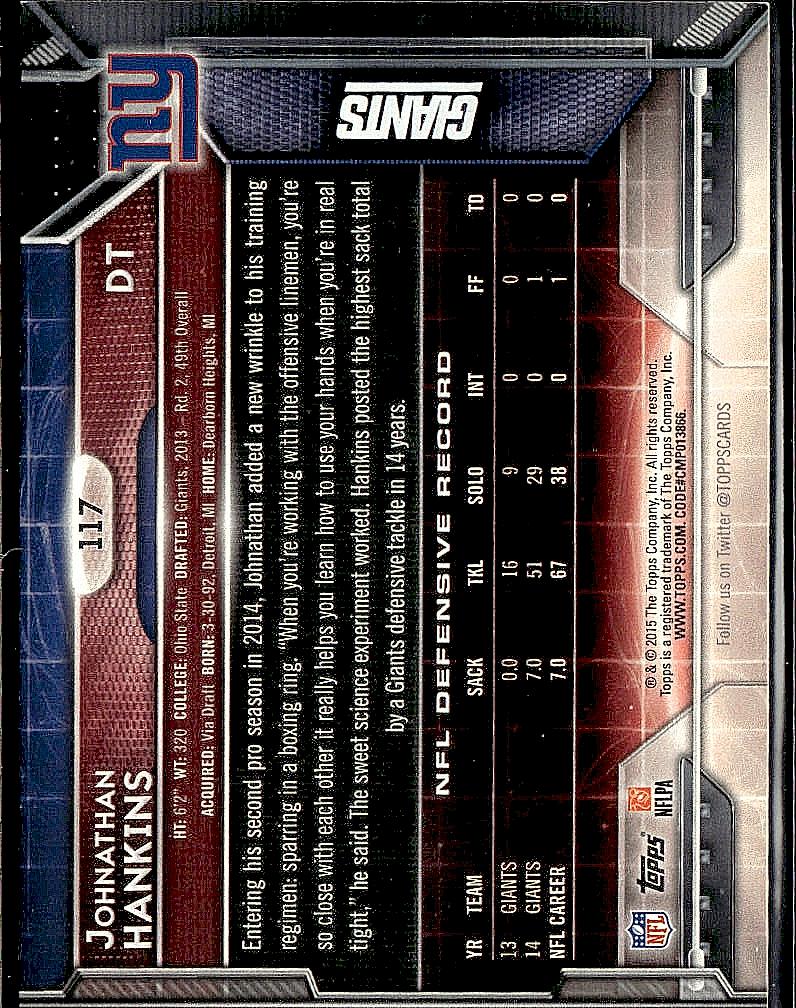 2015 Topps #117 Johnathan Hankins 60th Anniversary