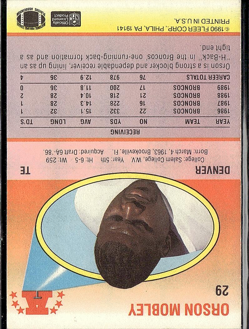 1990 Fleer #29a Orson Mobley Lower right star of AFC logo aligned with blue