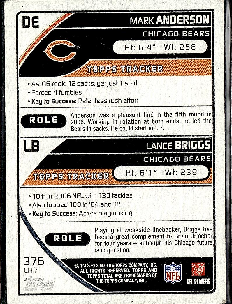 2007 Topps Total #376 Lance Briggs / Mark Anderson Blue