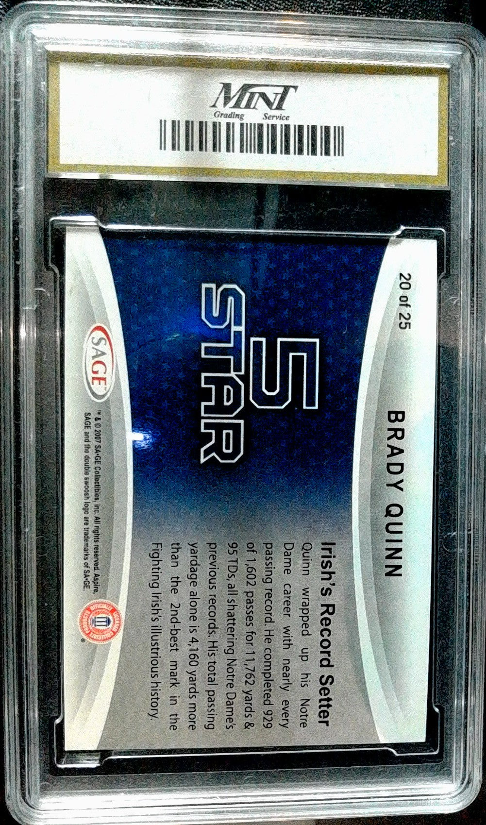 2007 SAGE Aspire #20 Brady Quinn 5 Star MNT 10