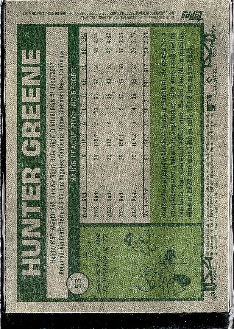 2026 Topps Heritage #53 Hunter Greene Dark Green