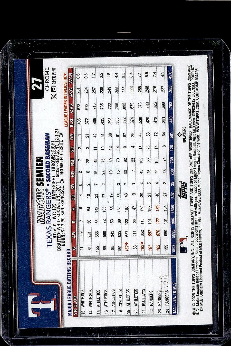 2025 Topps Chrome #27 Marcus Semien Green RayWave Refractors #/99