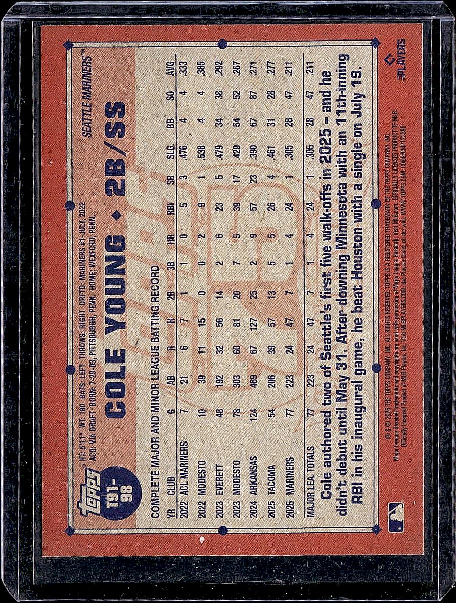 2026 Topps #T91-98 Cole Young 1991 Throwback Crackle Foil