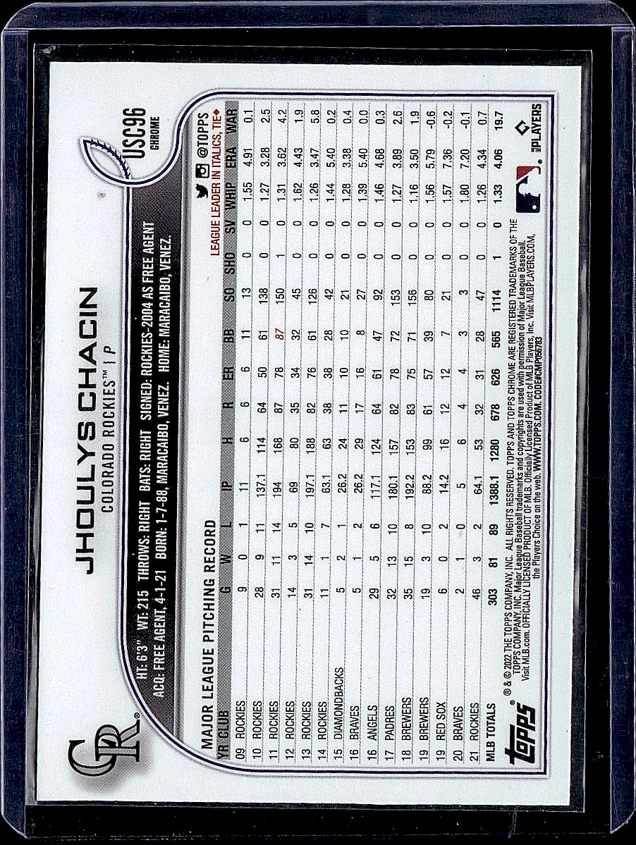 2022 Topps Chrome Update #USC96 Jhoulys Chacin Purple Refractor