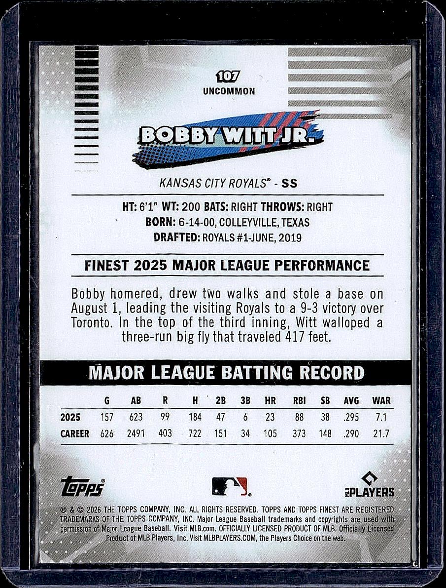 2026 Finest #107 Bobby Witt Jr. Topps Team Finest Pink Uncommon #/250