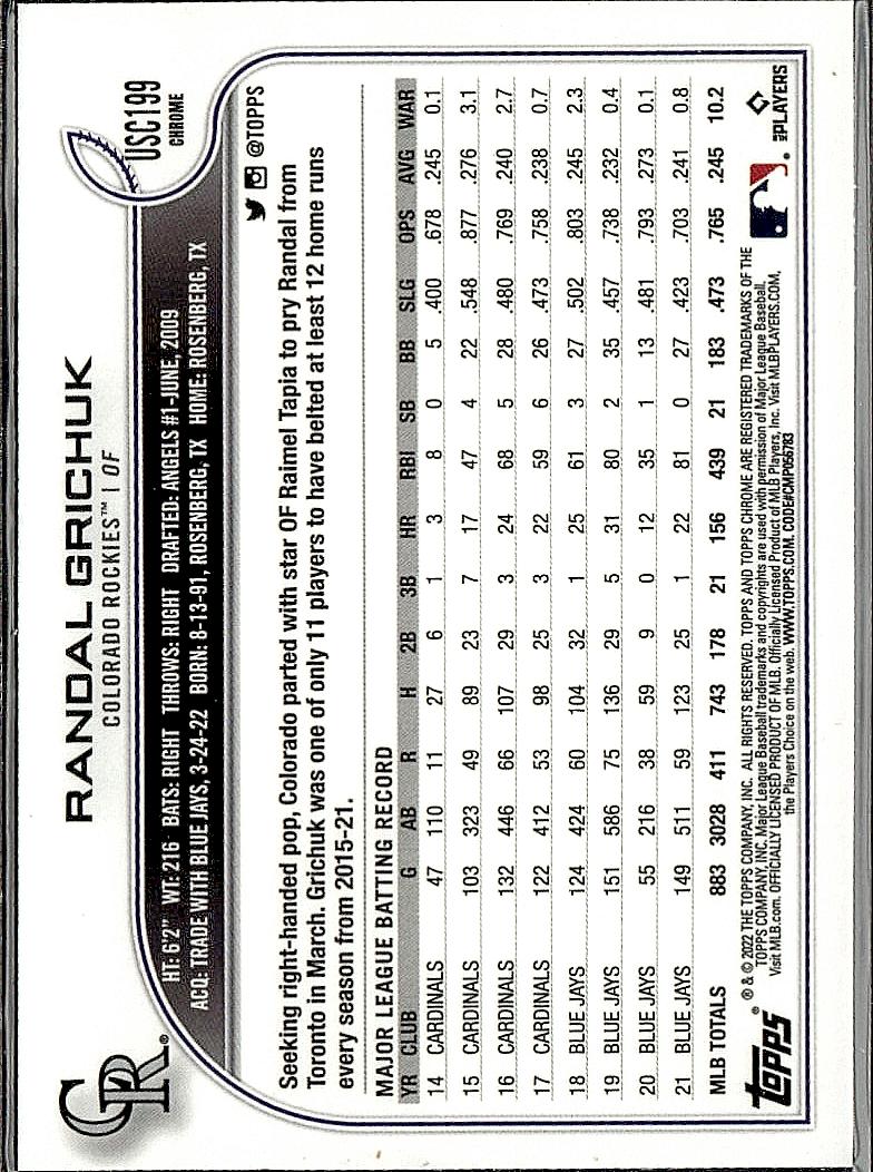 2022 Topps Chrome Update #USC199 Randal Grichuk Purple Refractor