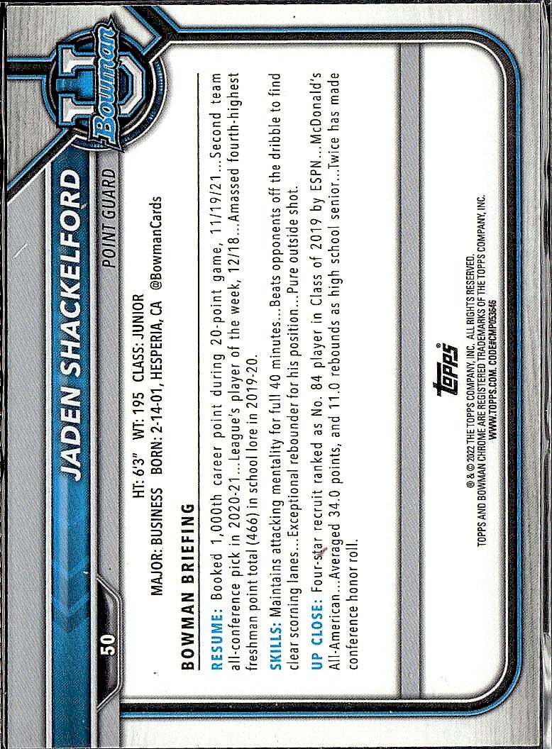 2021-22 Bowman University #50 Jaden Shackelford Pink