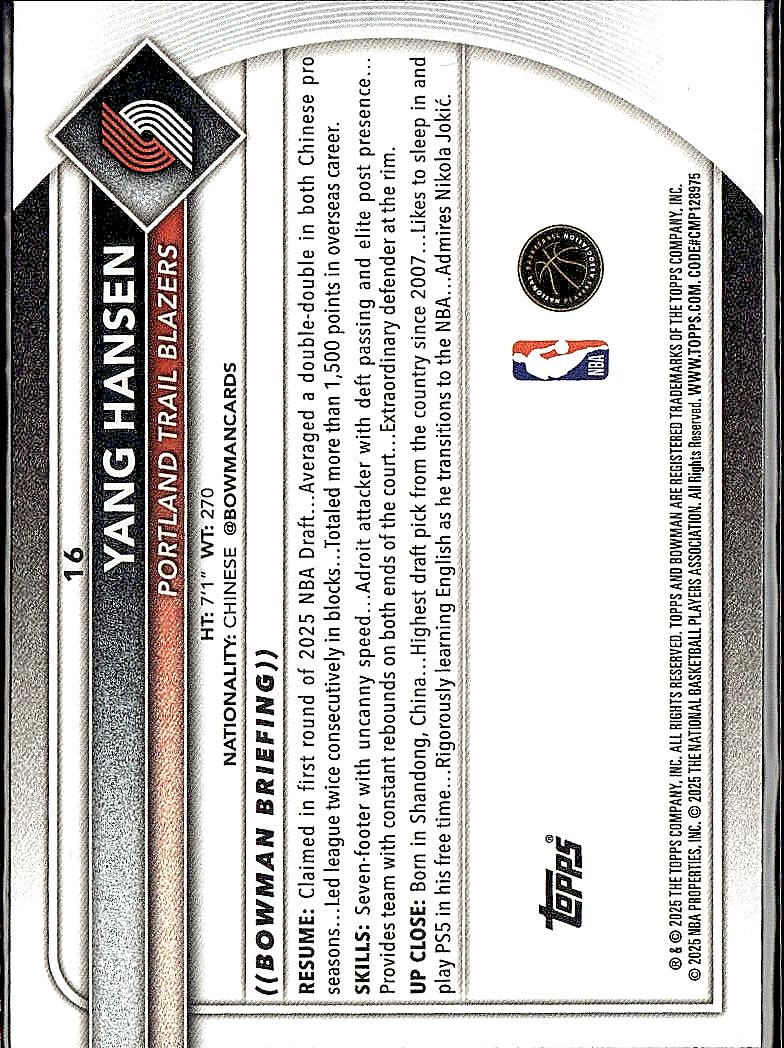 2025-26 Bowman #16 Yang Hansen