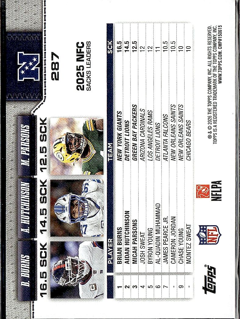2026 Topps Flagship #287 NFC Sack Leaders ( Hutchinson /Burns /Parsons)