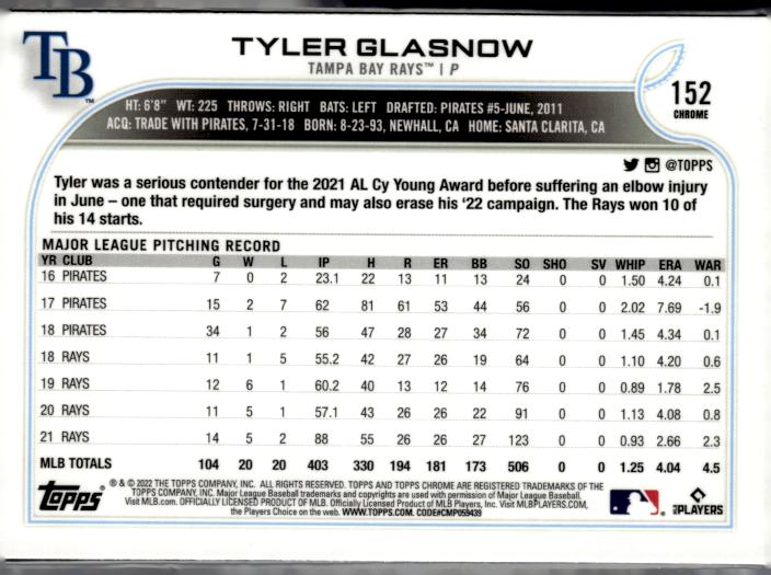 2022 Topps Chrome Sonic #152 Tyler Glasnow