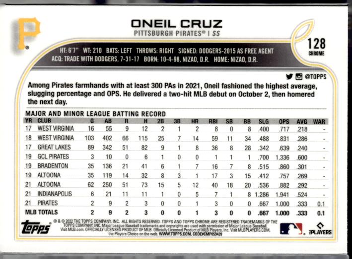 2022 Topps Chrome Sonic #128a Oneil Cruz