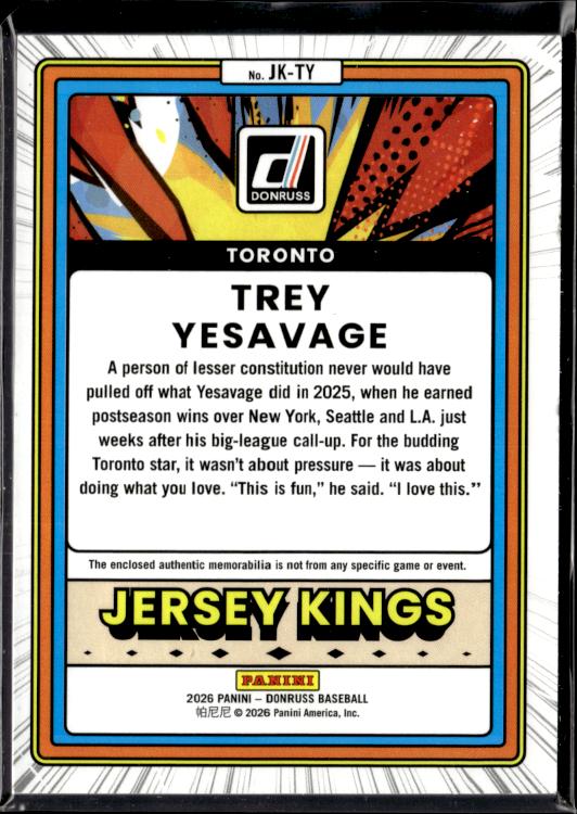 2026 Donruss #JK-TY Trey Yesavage Jersey Kings