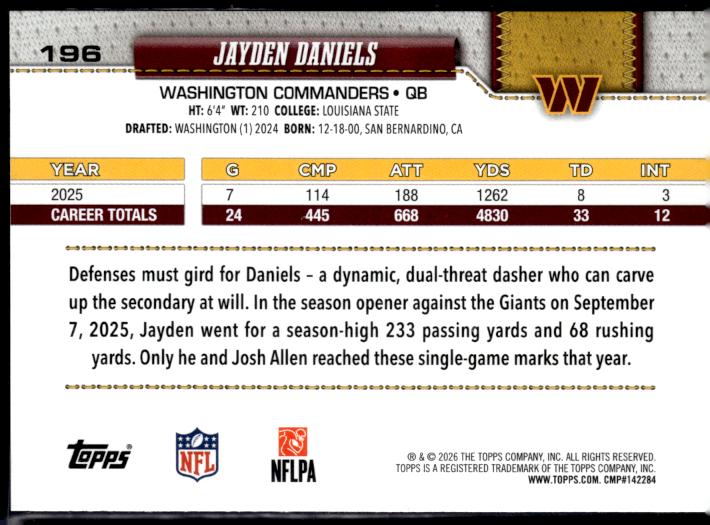 2026 Topps Flagship #196 Jayden Daniels