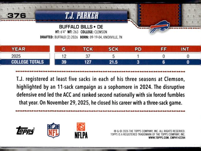 2026 Topps Flagship #376 T.J. Parker