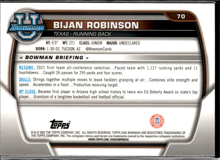 2022 Bowman University Chrome #70 Bijan Robinson