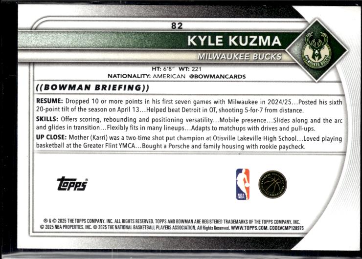 2025-26 Bowman #82 Kyle Kuzma