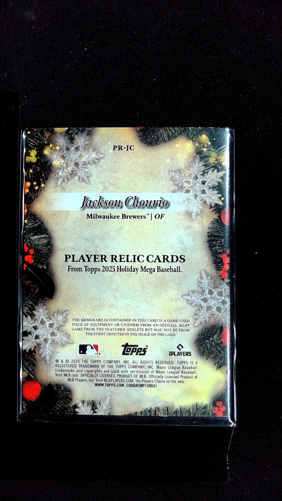 Jackson Chourio #PR-JC 2025 Topps Holiday SN, Memorabilia