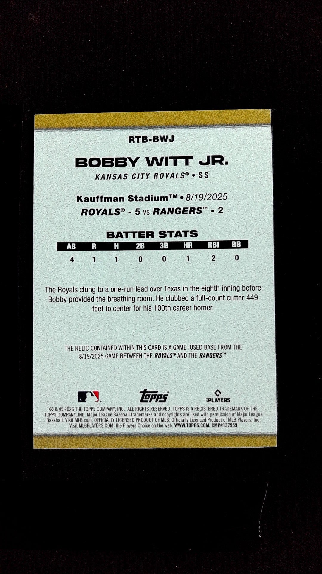 Bobby Witt Jr. #RTB-BWJ 2025 Topps Memorabilia