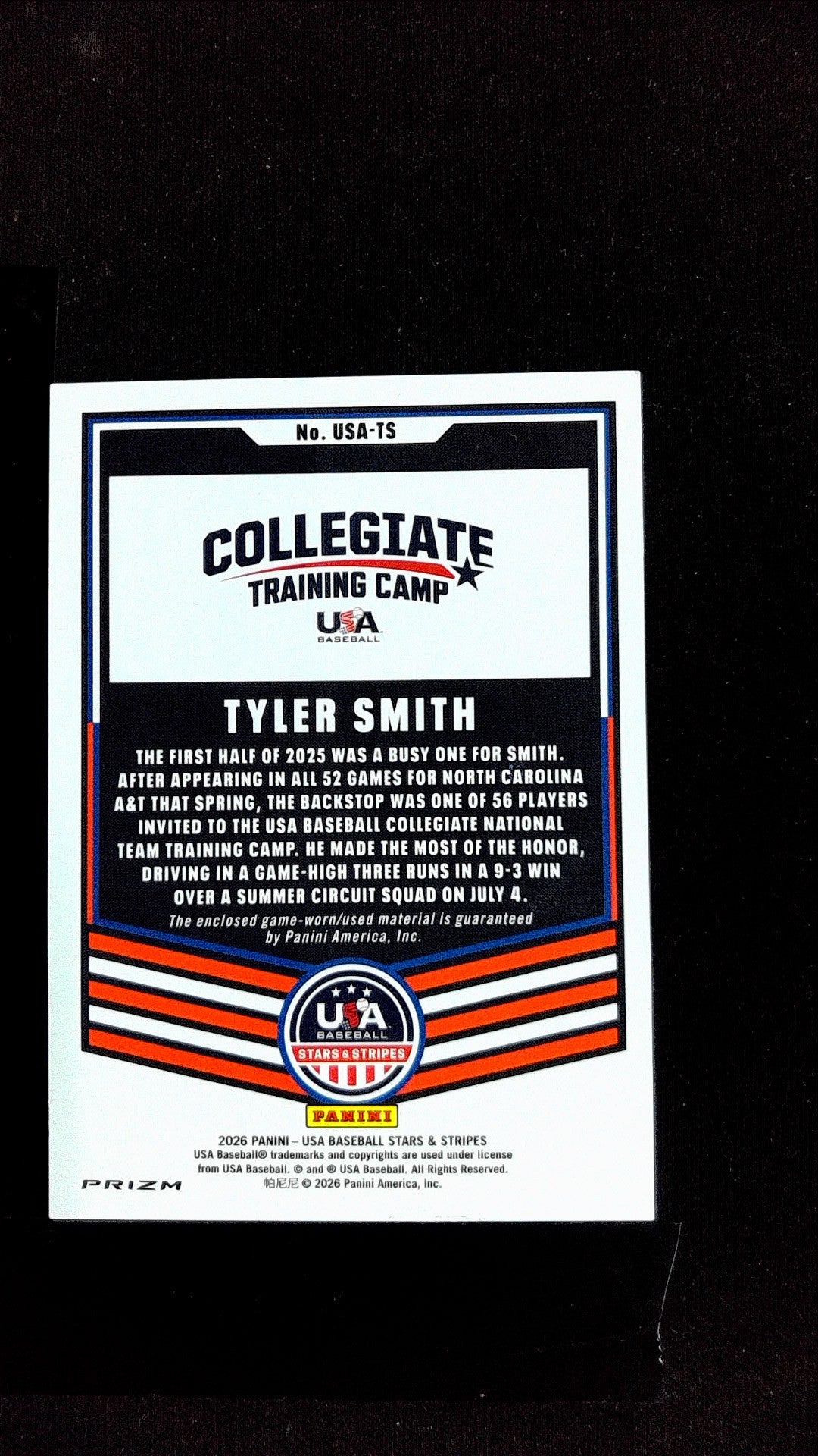 Tyler Smith #USA-TS 2026 Panini Stars & Stripes Prizm USA Baseball Memorabilia
