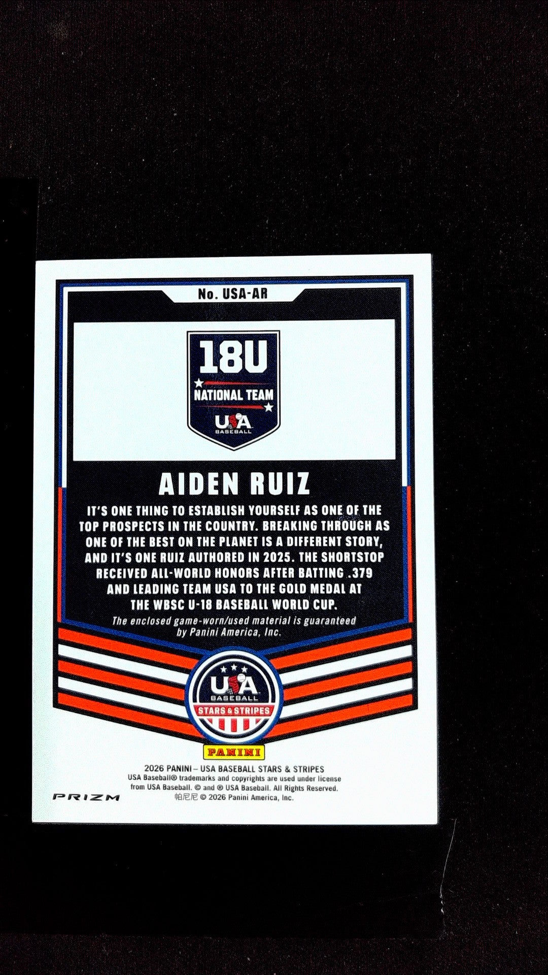Aiden Ruiz #USA-AR 2026 Panini Stars & Stripes Prizm USA Baseball Memorabilia